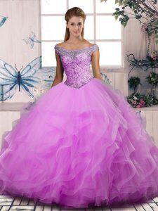 Off The Shoulder Sleeveless Tulle Ball Gown Prom Dress Beading and Ruffles Lace Up