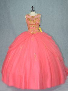 Watermelon Red Lace Up Scoop Beading Quince Ball Gowns Tulle Sleeveless Brush Train