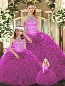 Fuchsia Lace Up Sweet 16 Quinceanera Dress Beading and Ruffles Sleeveless Floor Length