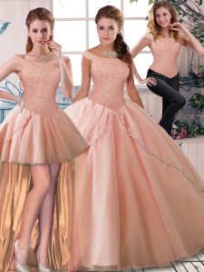 Peach Three Pieces Beading Quince Ball Gowns Lace Up Tulle Sleeveless