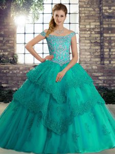 Sweet Turquoise Sleeveless Tulle Brush Train Lace Up Sweet 16 Dress for Military Ball and Sweet 16 and Quinceanera