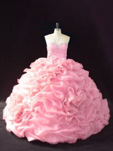 Edgy Pink Sleeveless Court Train Beading and Pick Ups and Hand Made Flower Sweet 16 Dress