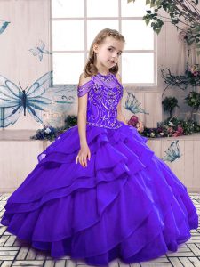 Floor Length Purple Child Pageant Dress Organza Sleeveless Beading and Ruffled Layers