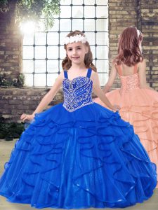 Best Royal Blue Ball Gowns Straps Sleeveless Tulle Floor Length Lace Up Beading and Ruffles Little Girls Pageant Dress