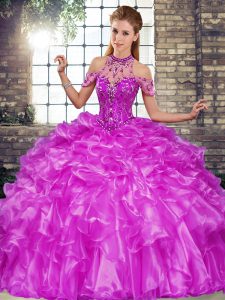 Sumptuous Halter Top Sleeveless Lace Up Quinceanera Gown Purple Organza