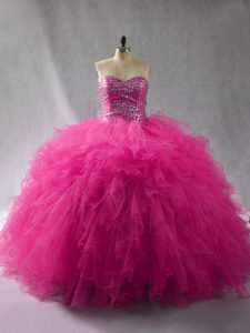 Admirable Fuchsia Lace Up 15th Birthday Dress Beading and Ruffles Sleeveless Floor Length