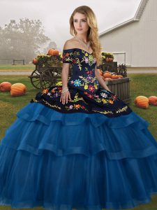 Inexpensive Blue And Black Tulle Lace Up Off The Shoulder Sleeveless Quinceanera Gown Brush Train Embroidery and Ruffled Layers