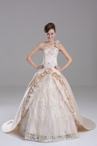 Embroidery and Hand Made Flower 15th Birthday Dress Champagne Lace Up Sleeveless Brush Train