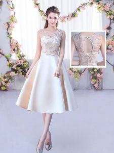 Exquisite Champagne A-line Lace and Belt Quinceanera Court of Honor Dress Lace Up Satin Sleeveless Tea Length