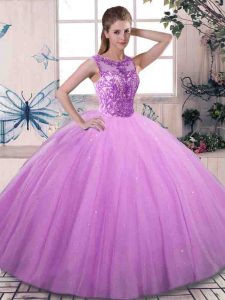 Pretty Lilac Tulle Lace Up Vestidos de Quinceanera Sleeveless Floor Length Beading