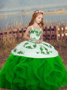 Floor Length Green Little Girls Pageant Dress Organza Sleeveless Embroidery and Ruffles