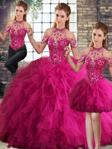 Fuchsia Halter Top Neckline Beading and Ruffles Quinceanera Dresses Sleeveless Lace Up