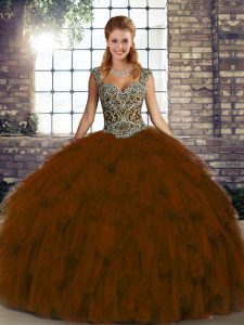 Floor Length Brown Quinceanera Gowns Straps Sleeveless Lace Up