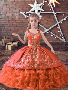 Stunning Embroidery and Ruffled Layers Little Girls Pageant Dress Orange Red Lace Up Sleeveless Floor Length