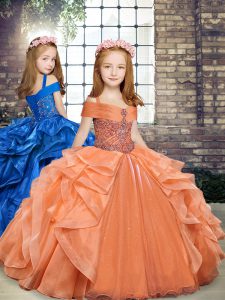 Adorable Floor Length Orange Kids Formal Wear Straps Sleeveless Lace Up