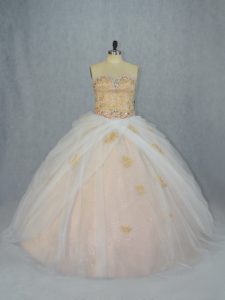 Sleeveless Tulle Lace Up 15th Birthday Dress in Champagne with Beading and Appliques