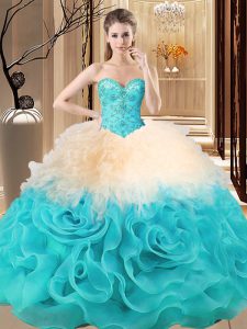 Multi-color Fabric With Rolling Flowers Lace Up Sweetheart Sleeveless Floor Length Quince Ball Gowns Beading and Ruffles