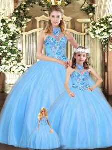 Baby Blue Lace Up Quinceanera Gown Embroidery Sleeveless Floor Length