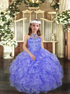 Floor Length Lace Up Little Girl Pageant Dress Lavender for Party and Sweet 16 and Wedding Party with Beading and Ruffles