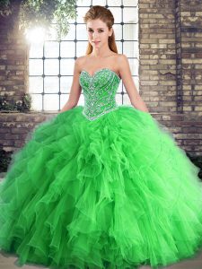 Dynamic Green Lace Up Sweetheart Beading and Ruffles Sweet 16 Dress Tulle Sleeveless