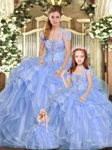 Admirable Lavender 15 Quinceanera Dress Military Ball and Sweet 16 and Quinceanera with Beading and Ruffles Strapless Sleeveless Lace Up