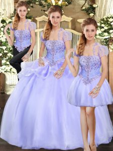 Organza Strapless Sleeveless Lace Up Beading and Appliques Quinceanera Dress in Lavender