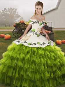 Sleeveless Organza Floor Length Lace Up 15th Birthday Dress in Olive Green with Embroidery and Ruffled Layers