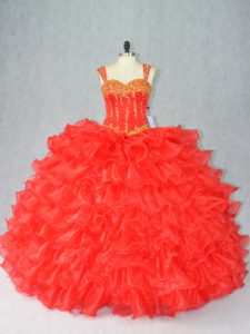 Straps Sleeveless Ball Gown Prom Dress Floor Length Beading and Ruffles Red Organza