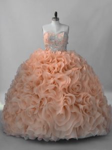 Sexy Sweetheart Sleeveless Brush Train Lace Up Ball Gown Prom Dress Peach Fabric With Rolling Flowers