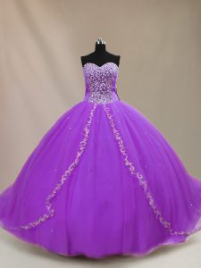 Purple Sleeveless Tulle Court Train Lace Up 15 Quinceanera Dress for Sweet 16 and Quinceanera