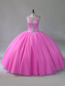 Pretty Scoop Sleeveless Tulle Ball Gown Prom Dress Beading Lace Up