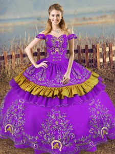 Perfect Floor Length Lace Up Ball Gown Prom Dress Purple for Sweet 16 and Quinceanera with Embroidery