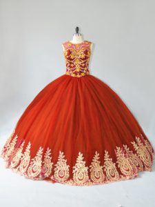 Customized Rust Red Ball Gowns Appliques Quince Ball Gowns Lace Up Tulle Sleeveless Floor Length