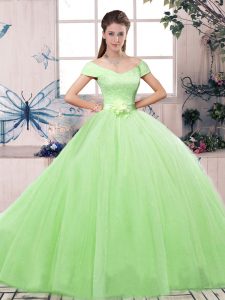 Tulle Lace Up Quinceanera Gowns Short Sleeves Floor Length Lace and Hand Made Flower