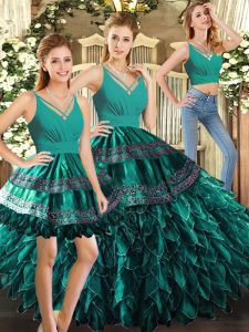 Dramatic V-neck Sleeveless Backless Quinceanera Gown Turquoise Organza