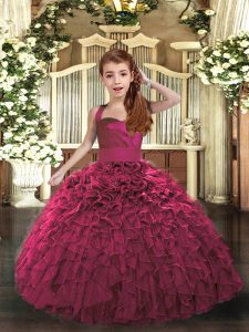 Sleeveless Organza Floor Length Lace Up Little Girls Pageant Dress in Fuchsia with Ruffles