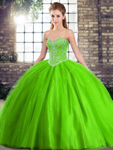 Tulle Sweetheart Sleeveless Brush Train Lace Up Beading Quinceanera Dress in