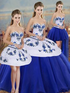 Hot Sale Floor Length Royal Blue Ball Gown Prom Dress Tulle Sleeveless Embroidery and Bowknot