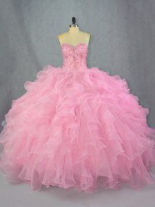 New Style Organza Sweetheart Sleeveless Lace Up Beading and Ruffles Ball Gown Prom Dress in Pink