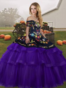 Classical Tulle Sleeveless Quinceanera Gowns Brush Train and Embroidery and Ruffled Layers