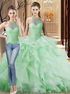 Luxury Lace Up Quinceanera Gown Apple Green for Sweet 16 and Quinceanera with Beading and Ruffles Brush Train