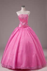 Excellent Rose Pink Organza Lace Up Sweet 16 Quinceanera Dress Sleeveless Floor Length Embroidery