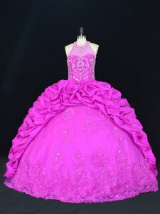 Elegant Fuchsia Ball Gowns Beading and Appliques and Pick Ups Sweet 16 Dress Lace Up Taffeta Sleeveless Floor Length