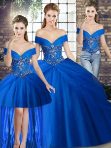 Best Beading and Pick Ups Quinceanera Dresses Royal Blue Lace Up Sleeveless Brush Train