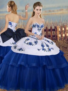 Elegant Royal Blue Lace Up Sweetheart Embroidery and Bowknot Quinceanera Gowns Tulle Sleeveless