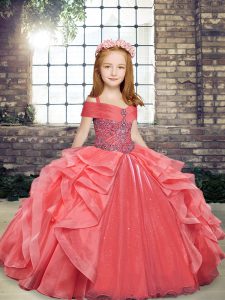 Sleeveless Organza Floor Length Lace Up Kids Pageant Dress in Coral Red with Beading and Ruffles