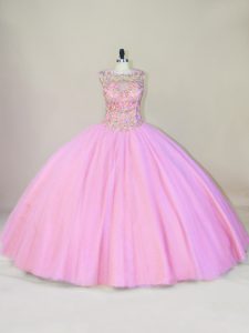 Pink Sleeveless Beading Lace Up Vestidos de Quinceanera