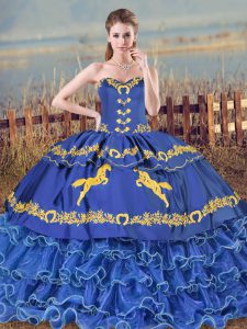 Custom Fit Blue Sweetheart Lace Up Embroidery and Ruffled Layers Quinceanera Dress Brush Train Sleeveless