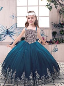 Trendy Teal Ball Gowns Straps Sleeveless Tulle Floor Length Lace Up Beading and Embroidery Little Girls Pageant Dress