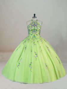 Yellow Green Ball Gowns Halter Top Sleeveless Tulle Brush Train Lace Up Embroidery 15 Quinceanera Dress